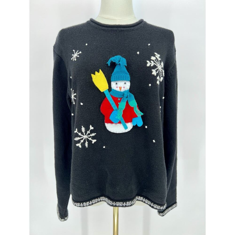 Karen Scott Sport Winter Holiday M Sweater 3D Snowman Cotton Appliqued Woven